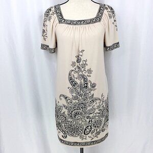 London Times Dress Womens Size 6 Ivory Black Paisley Shift Stretch Pencil Pocket